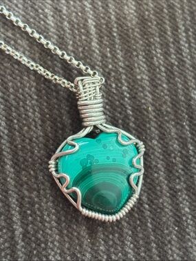 .925 Sterling Silver Rolo Link Chain Fine Jewelry Necklace Malachite Pendant Vtg